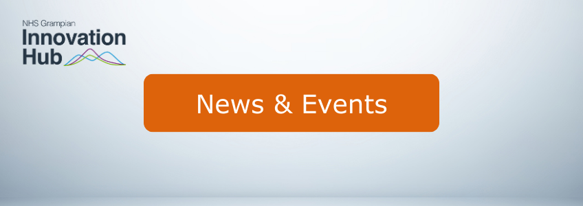 News & Events in Orange bubble on grey background
